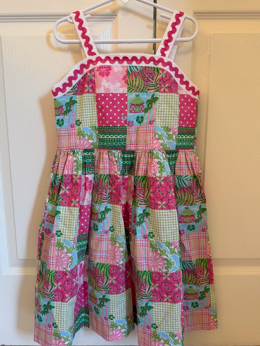NWOT Hartstrings girls Pink and Green Patchwork Dress ric rac 6x